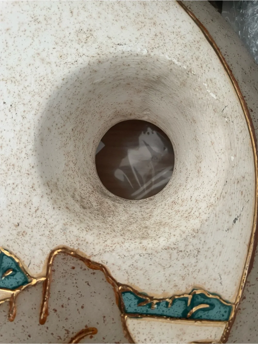 Vintage Southwest Ceramic Disc Moon Vase Hand Painted Natives Desert Gold Accent